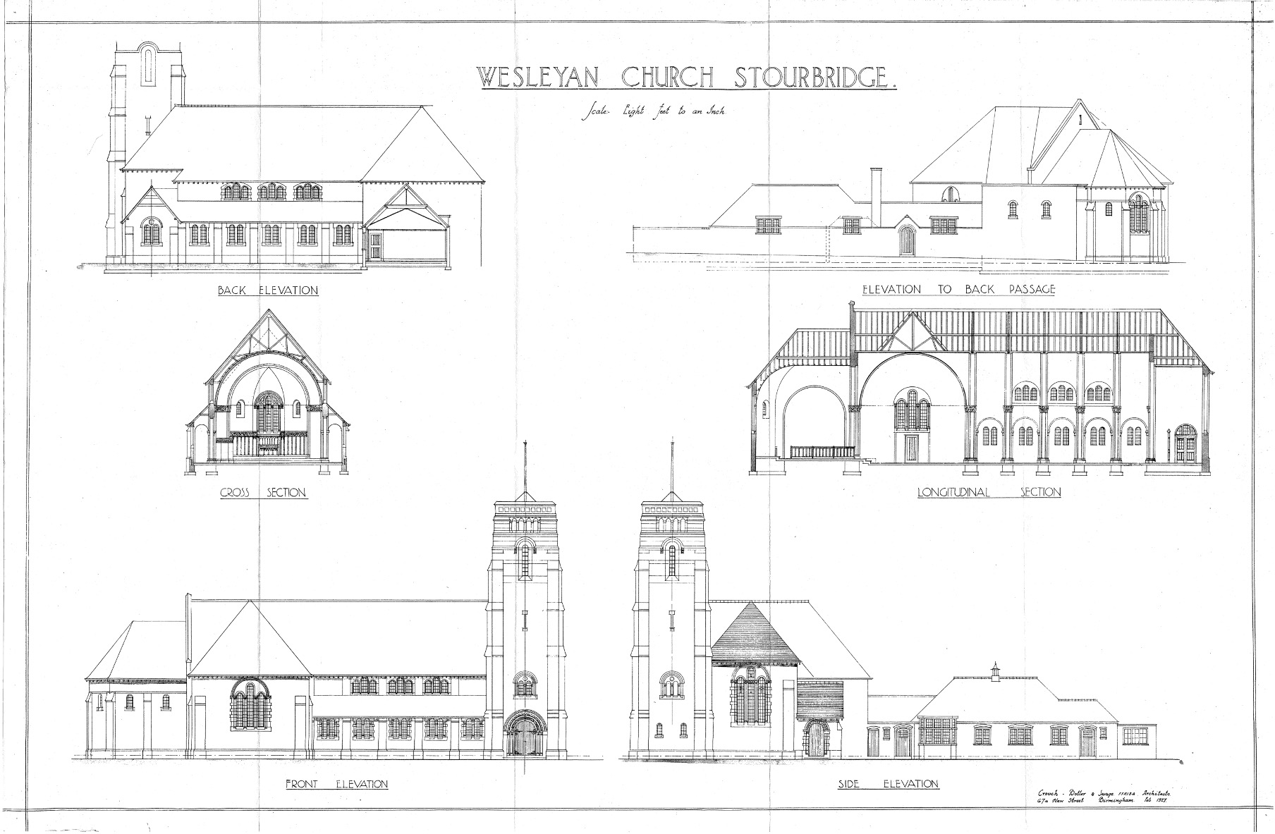 Architects drawings of the "Welseyan Church Stourbridge" (New Road's current building). The back elevation, cross section, front elevation, elevation to the back passage, longitudal section and side elevation is shown.