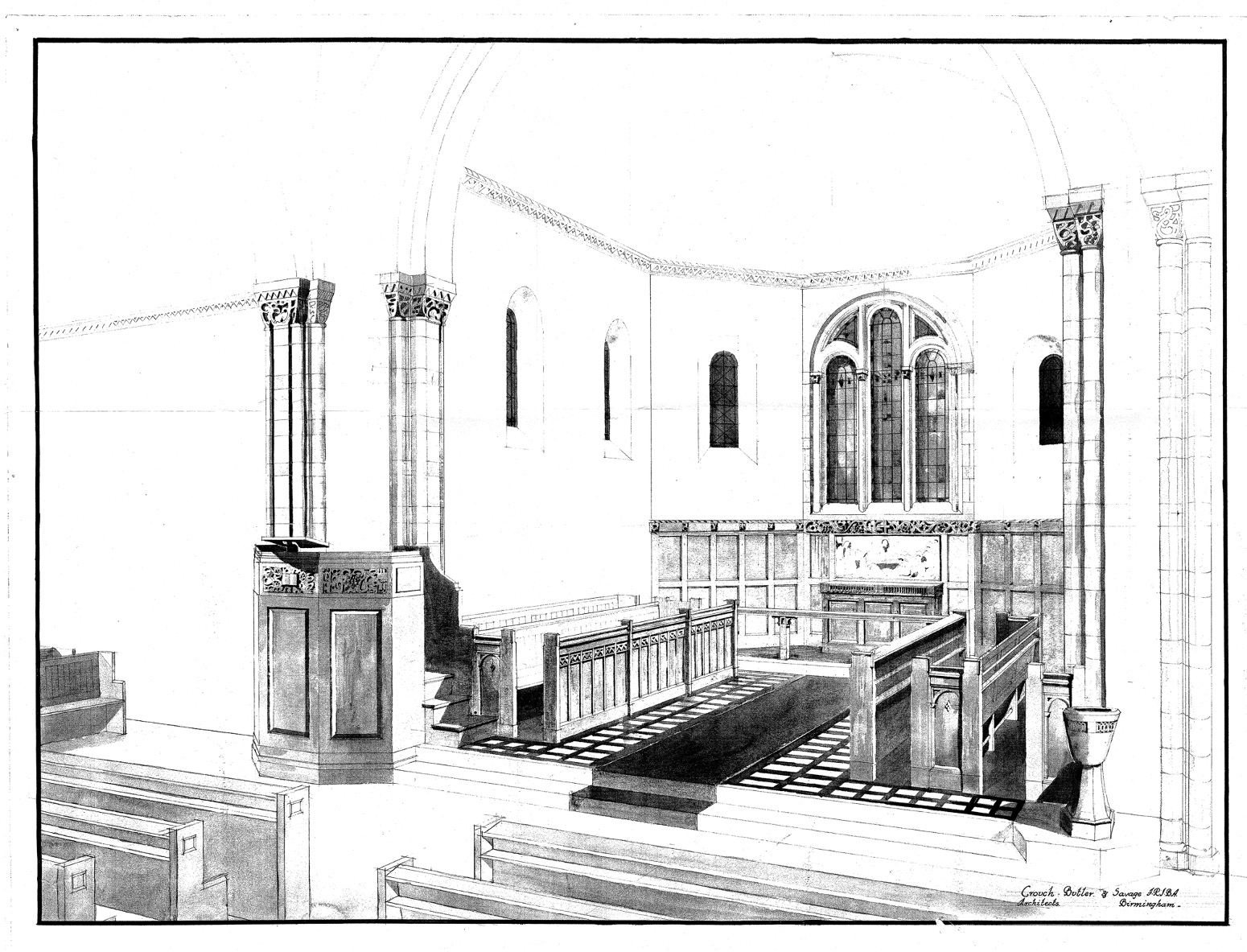 Drawing of the orgiginal chancel at New Road showing the old wooden pews, the existing pulpit, the existing choir pews and the font. The existing communion table can be seen at the back of the chancel with communion rail.